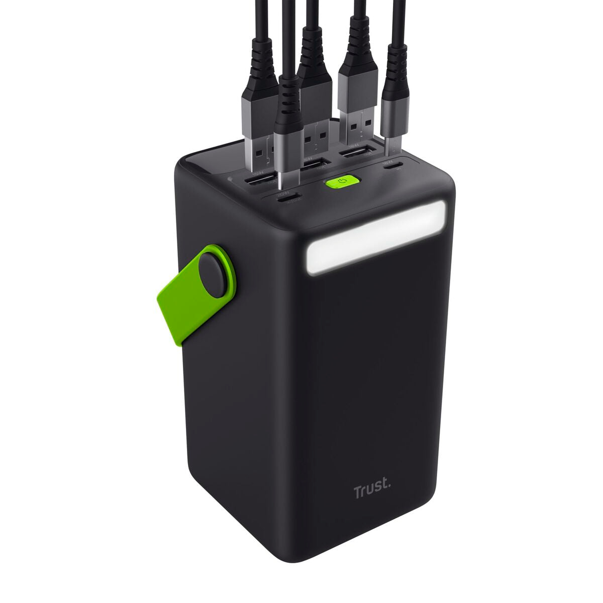 Detail van de Trust Redoh XXL powerbank met meerdere aansluitingen en ingebouwd display.