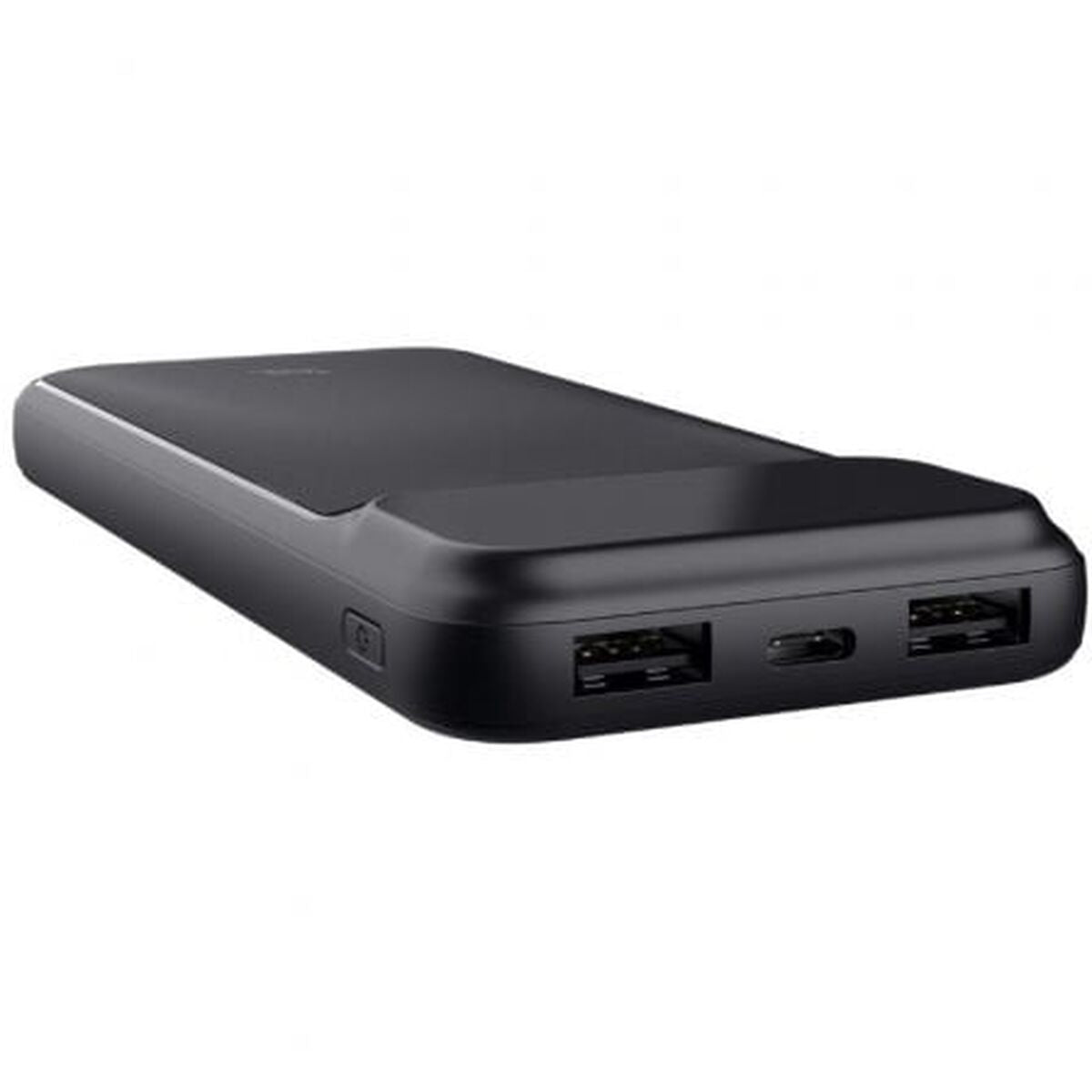 Zwarte Trust Powerbank 10000 mAh met USB-C en USB-A poorten, zijaanzicht.