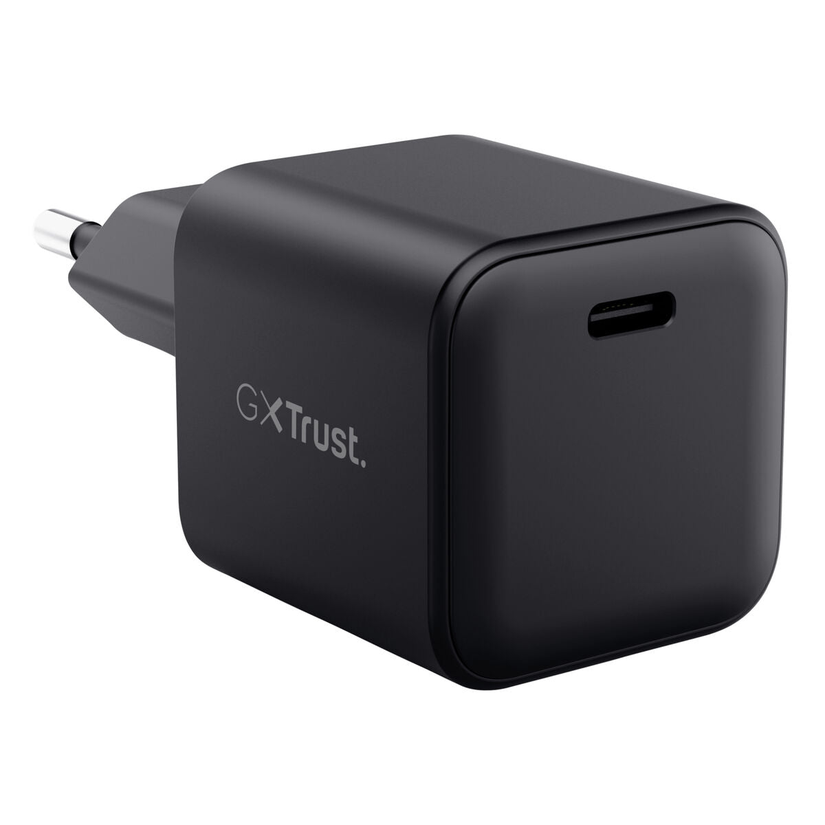 Zijaanzicht van de zwarte Trust Wandlader 65W met USB-C aansluiting.
