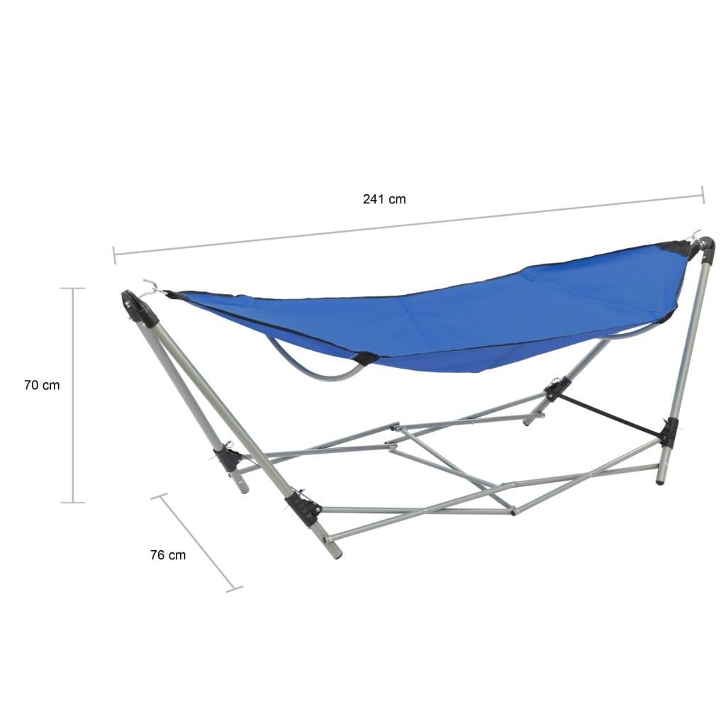 Zijaanzicht van de vidaXL hangmat met inklapbare standaard in blauw, met afmetingen weergegeven.