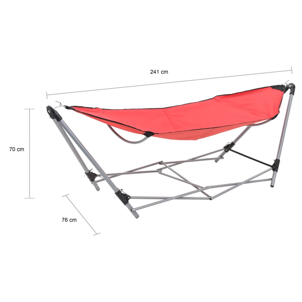 Detail van de vidaXL hangmat met inklapbare standaard in rood, zijaanzicht met afmetingen.