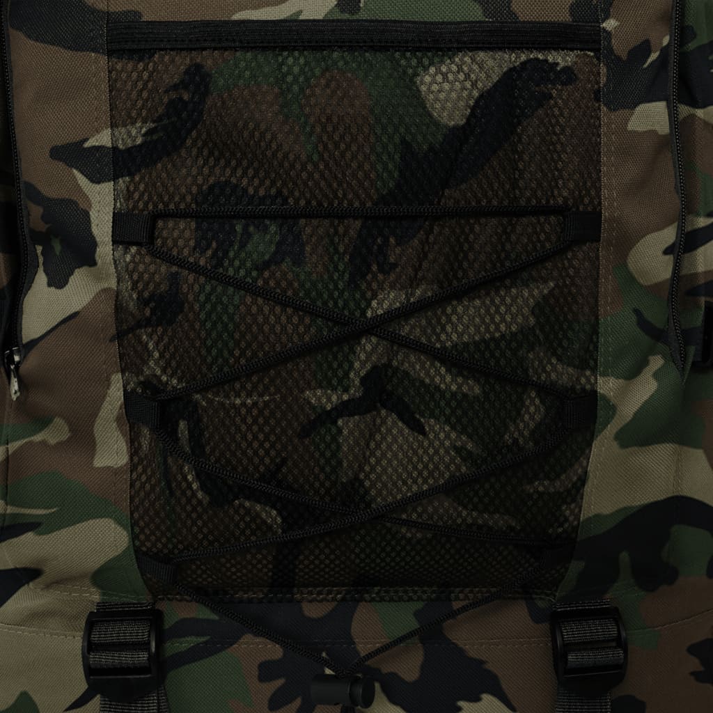 Detail van het camouflagepatroon met een mesh vak en elastische koorden op de vidaXL rugzak.