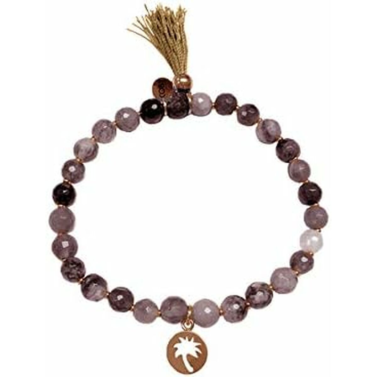 Detail van de CO88 Collection armband met paarse en gouden kralen en een palmboombedel.