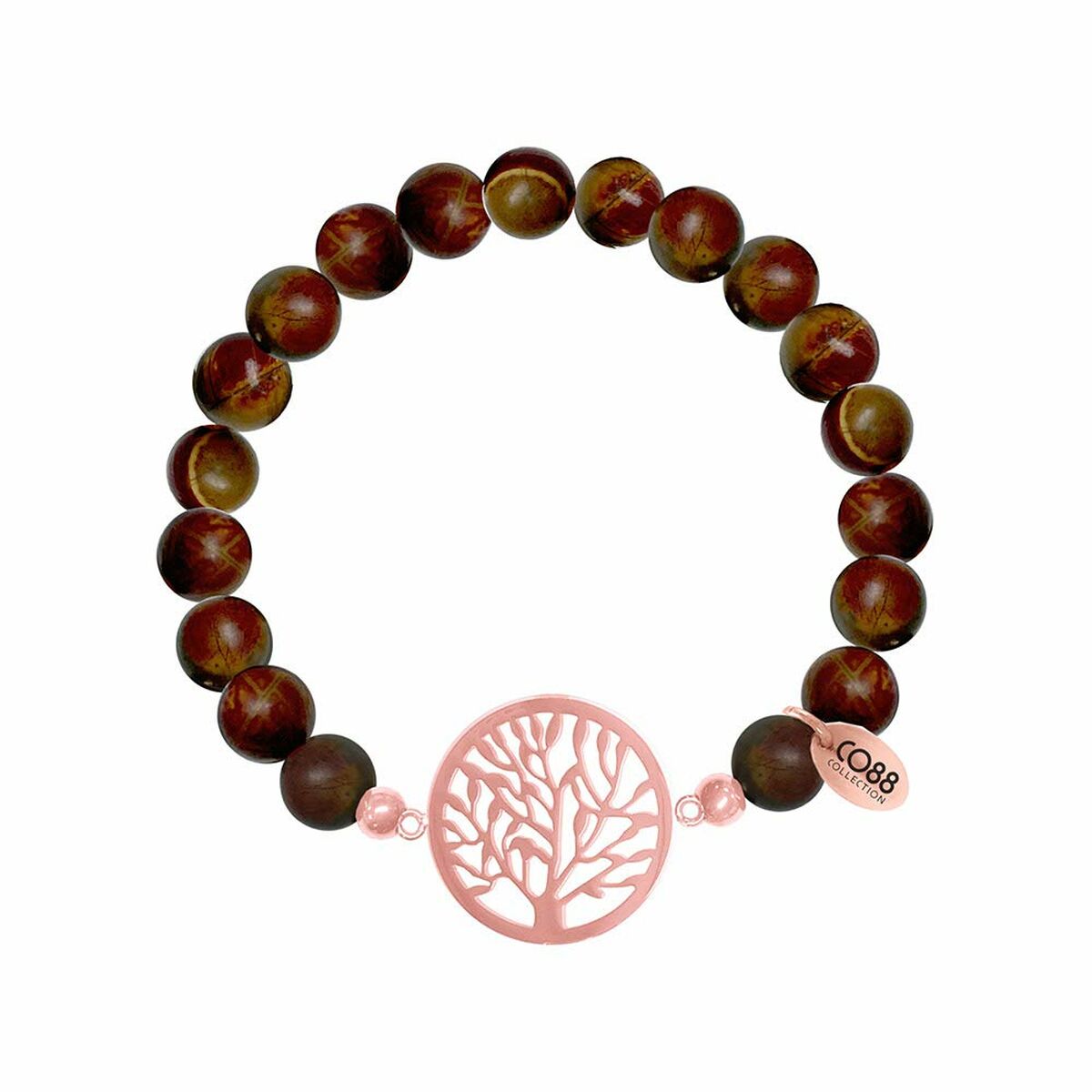 Detail van de elegante bruine CO88 Collection armband met een boomdesign.