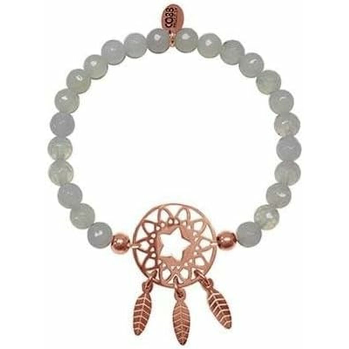 Detail van de CO88 Collection armband met een rosegouden dromenvanger en groene kralen.