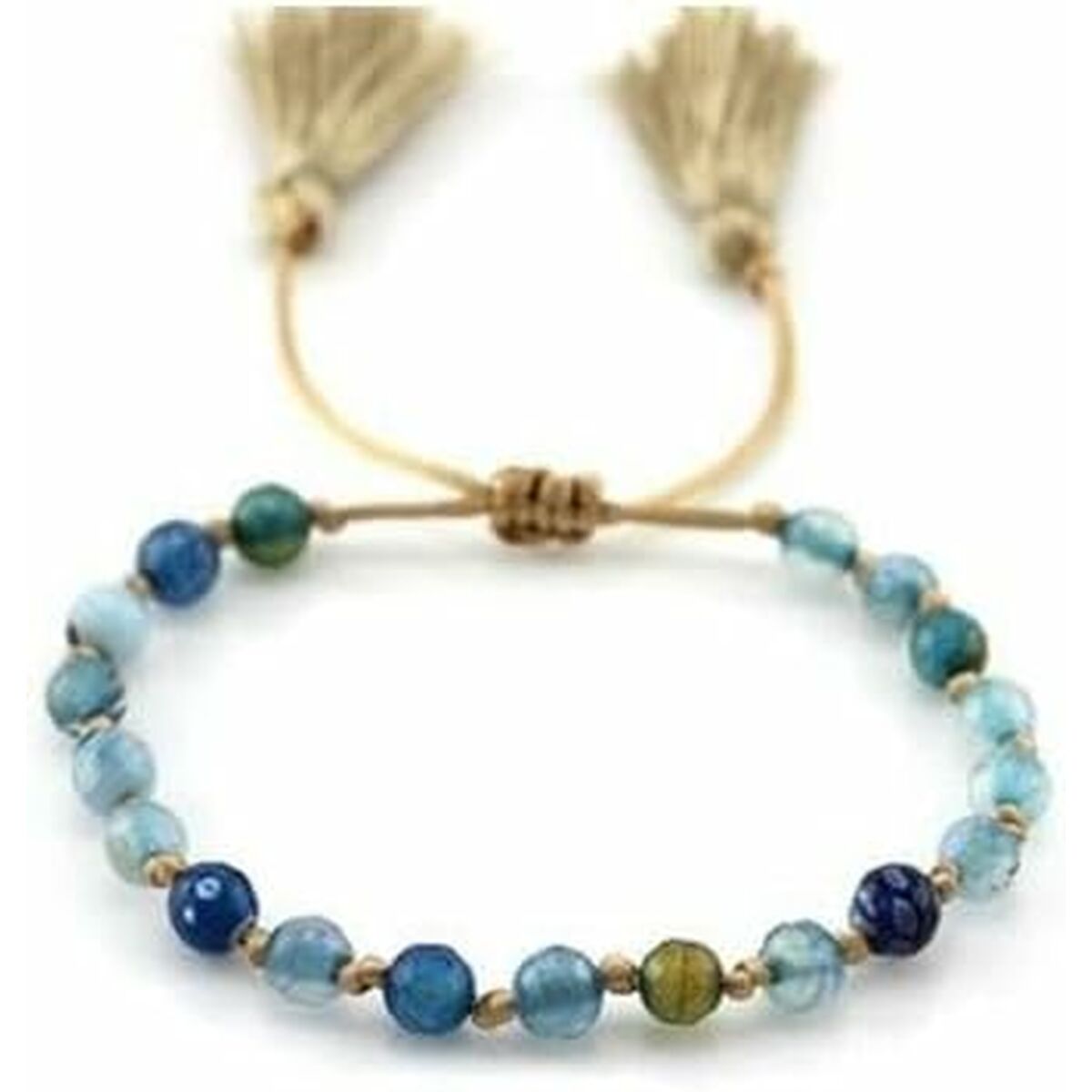Detail van de CO88 Collection armband in blauw met kralen en franjes.