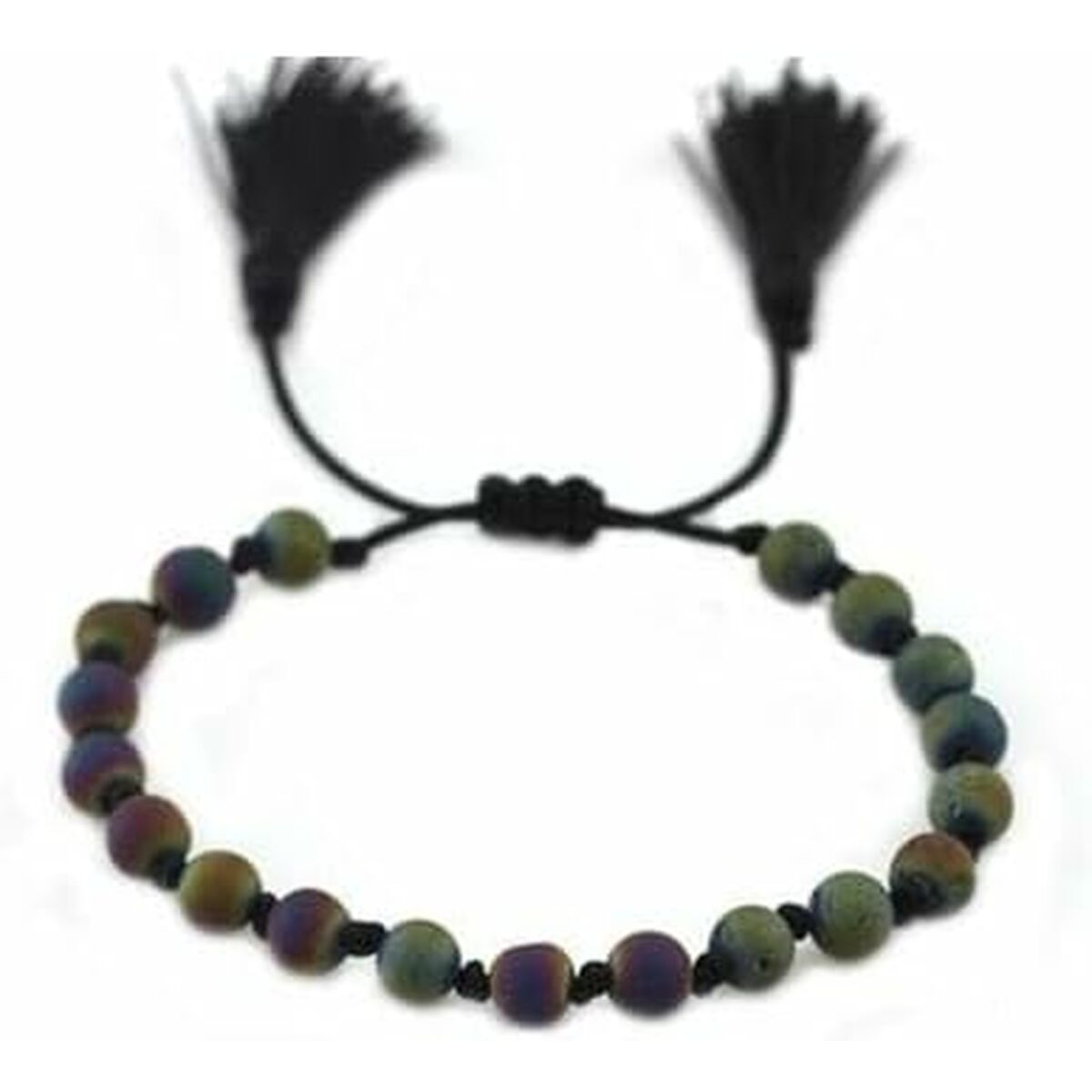 Detail van de CO88 Collection damesarmband met kleurrijke kralen en zwarte franjes.