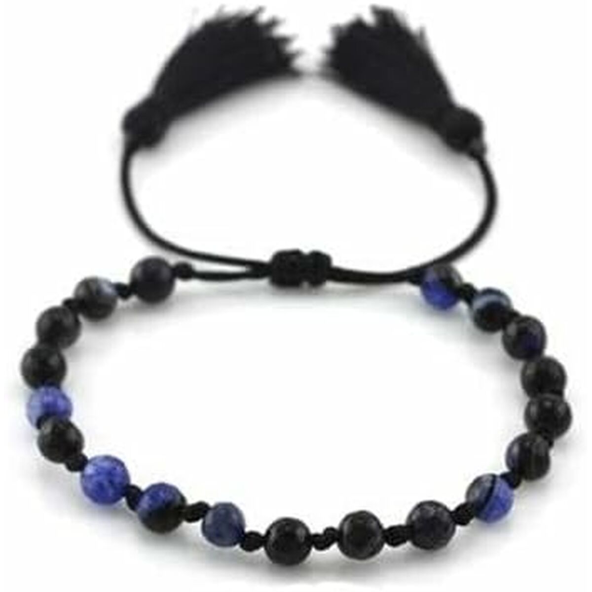 Detail van de CO88 Collection damesarmband in zwart met blauwe kralen en kwastjes.