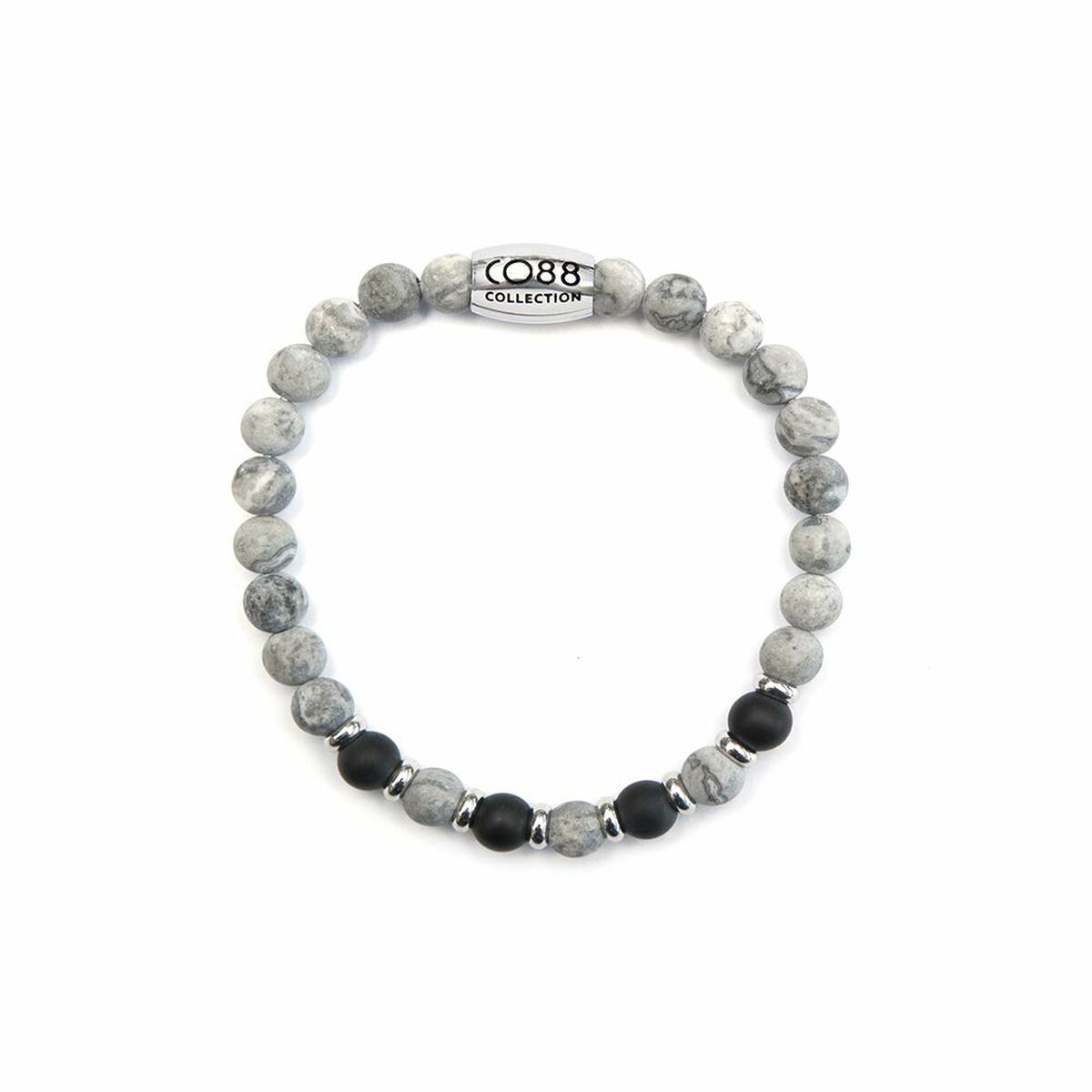 Detail van de CO88 Collection armband met grijze en zwarte kralen in stijlvol ontwerp.