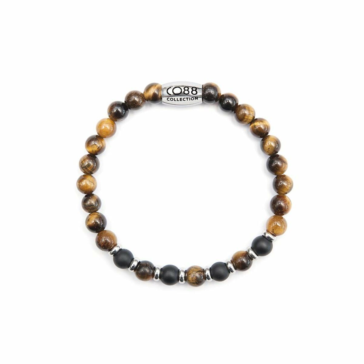 Detail van de bruine CO88 Collection armband met een mix van glanzende en matte kralen.