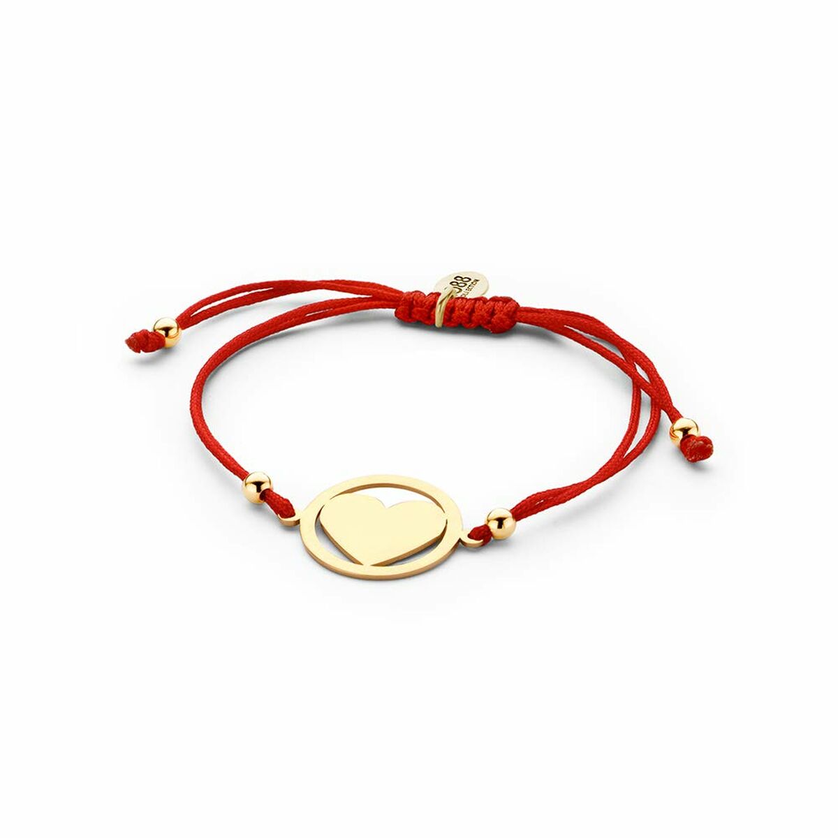 Detail van de CO88 Collection damesarmband in rood met gouden hartje.