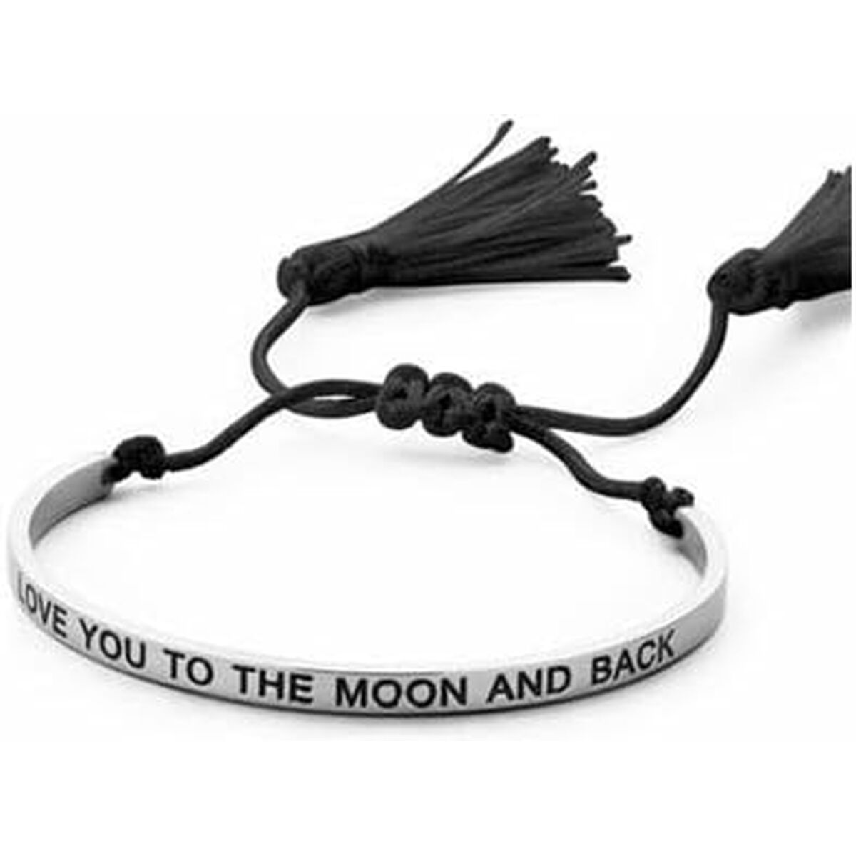 Zwarte CO88 Collection armband met de tekst "LOVE YOU TO THE MOON AND BACK" en franjes.