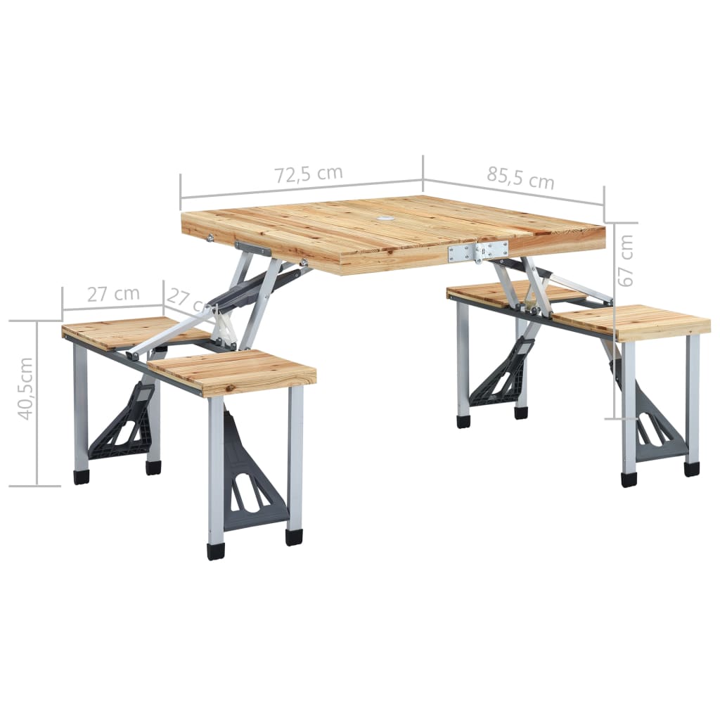 Detailweergave van de vidaXL campingtafel met afmetingen en vurenhouten oppervlak.