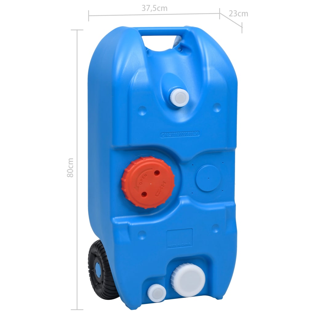 Detail van de blauwe vidaXL watertank van 40 liter met wielen en verschillende wateruitlaten.