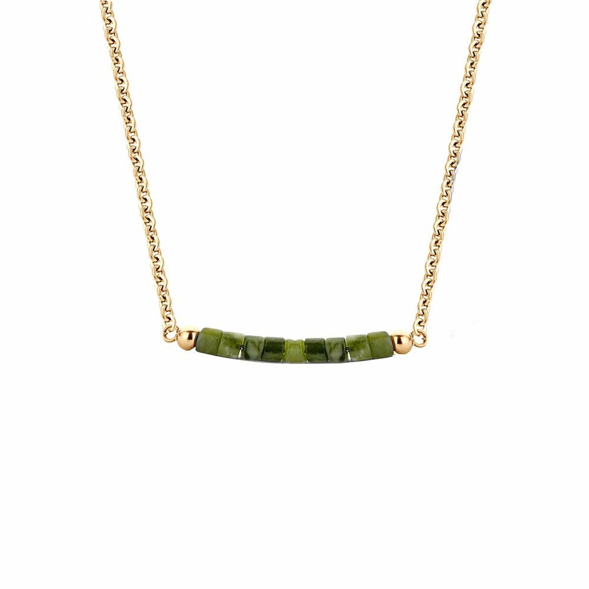 Detail van de CO88 Collection damesketting met groene stenen en gouden schakels.