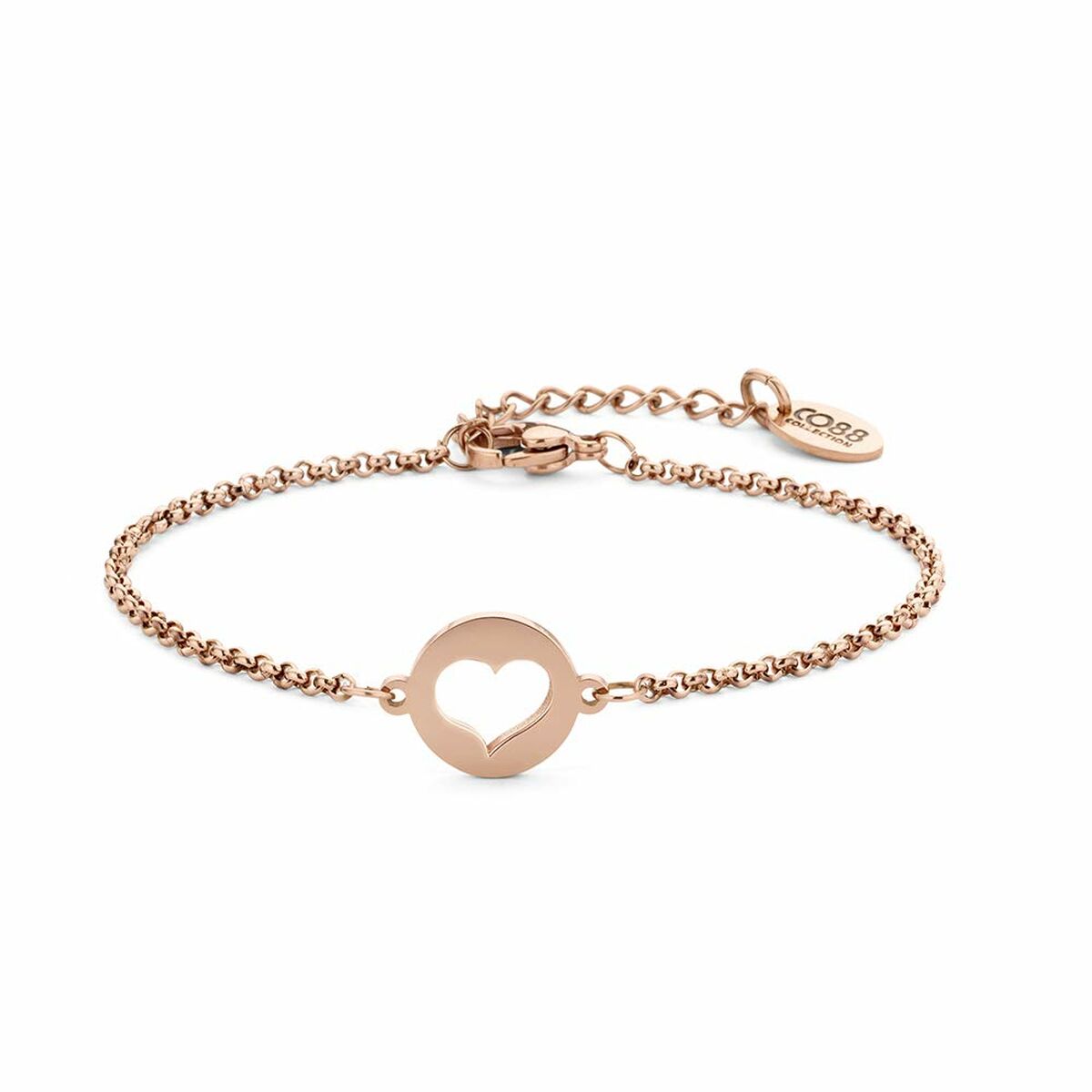 Detail van de CO88 Collection armband in roze goud met hartvormige hanger.
