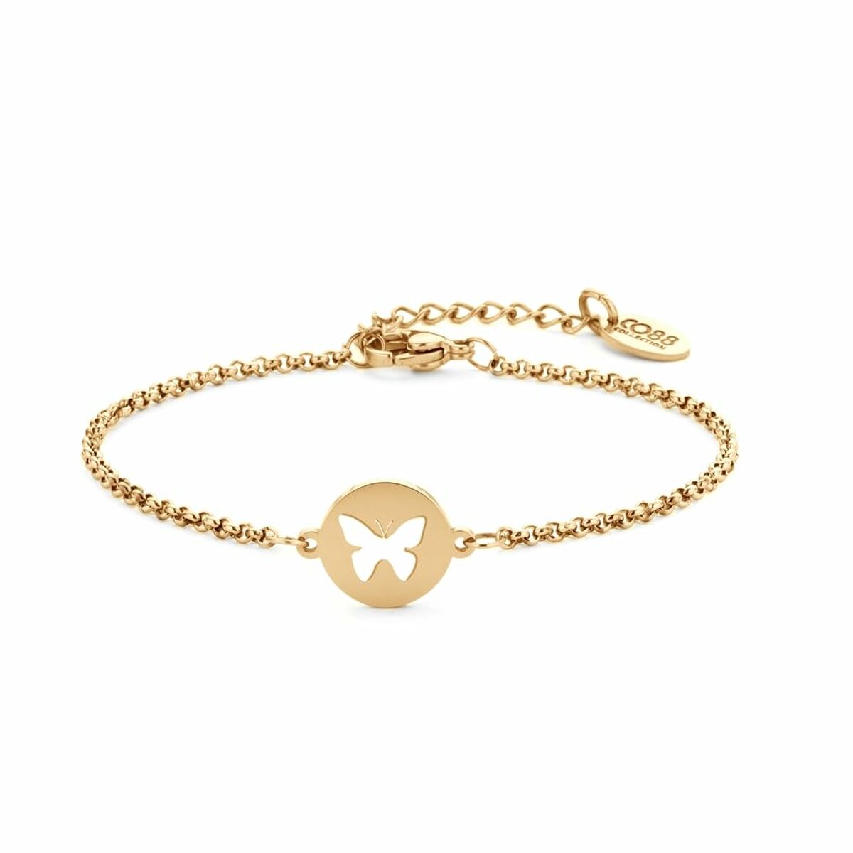 Detail van de CO88 Collection armband in goudkleur met vlinderontwerp.