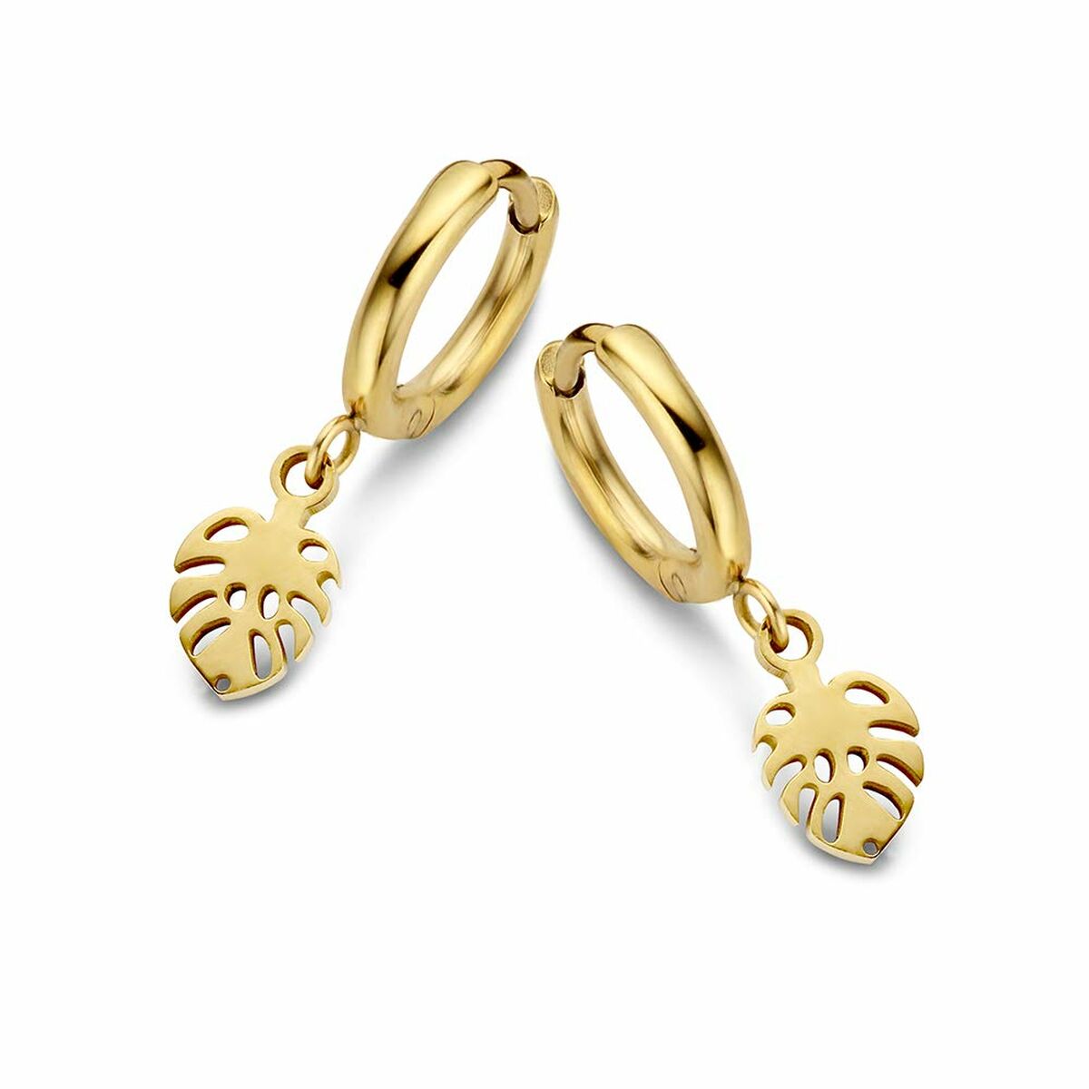 Gouden CO88 Collection oorbellen met hangende monstera-bladjes in elegant design.
