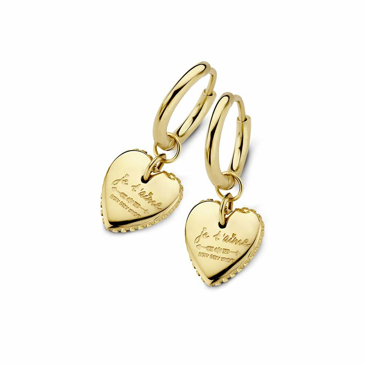Gouden CO88 Collection oorbellen met hartvormige hangers en elegante details.