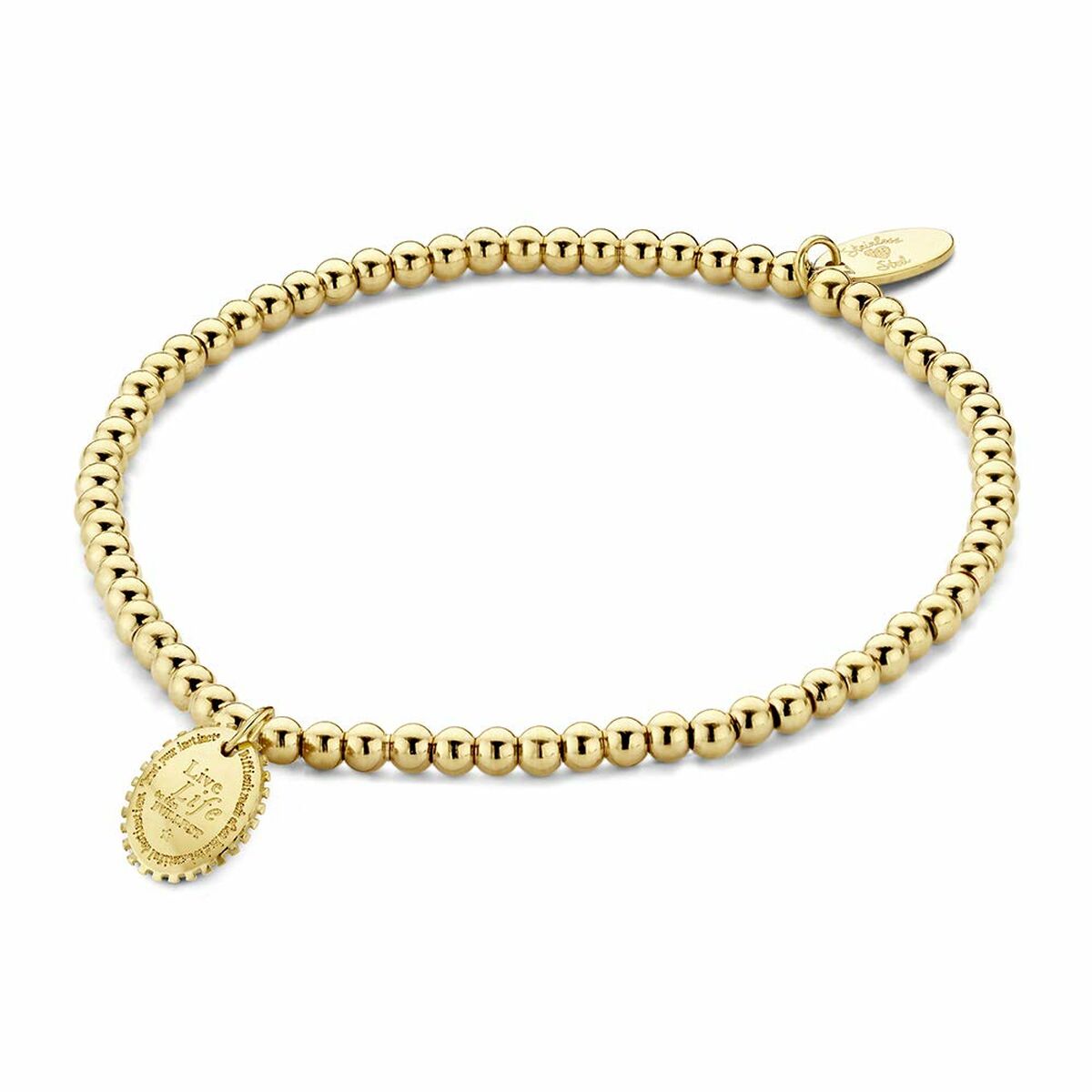Detail van de gouden CO88 Collection armband met ronde kralen en een hangertje.