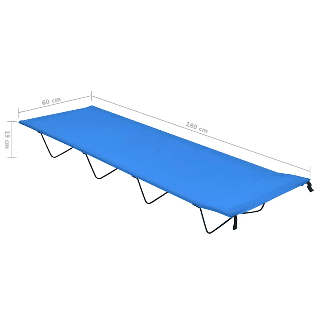 Detail van het vidaXL campingbed in blauw, met afmetingen 180x60x19 cm en stevige stalen poten.
