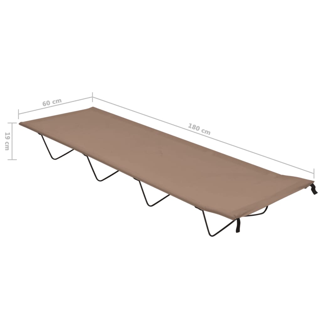 Detail van het taupe vidaXL campingbed, zijaanzicht met afmetingen van 180x60x19 cm.