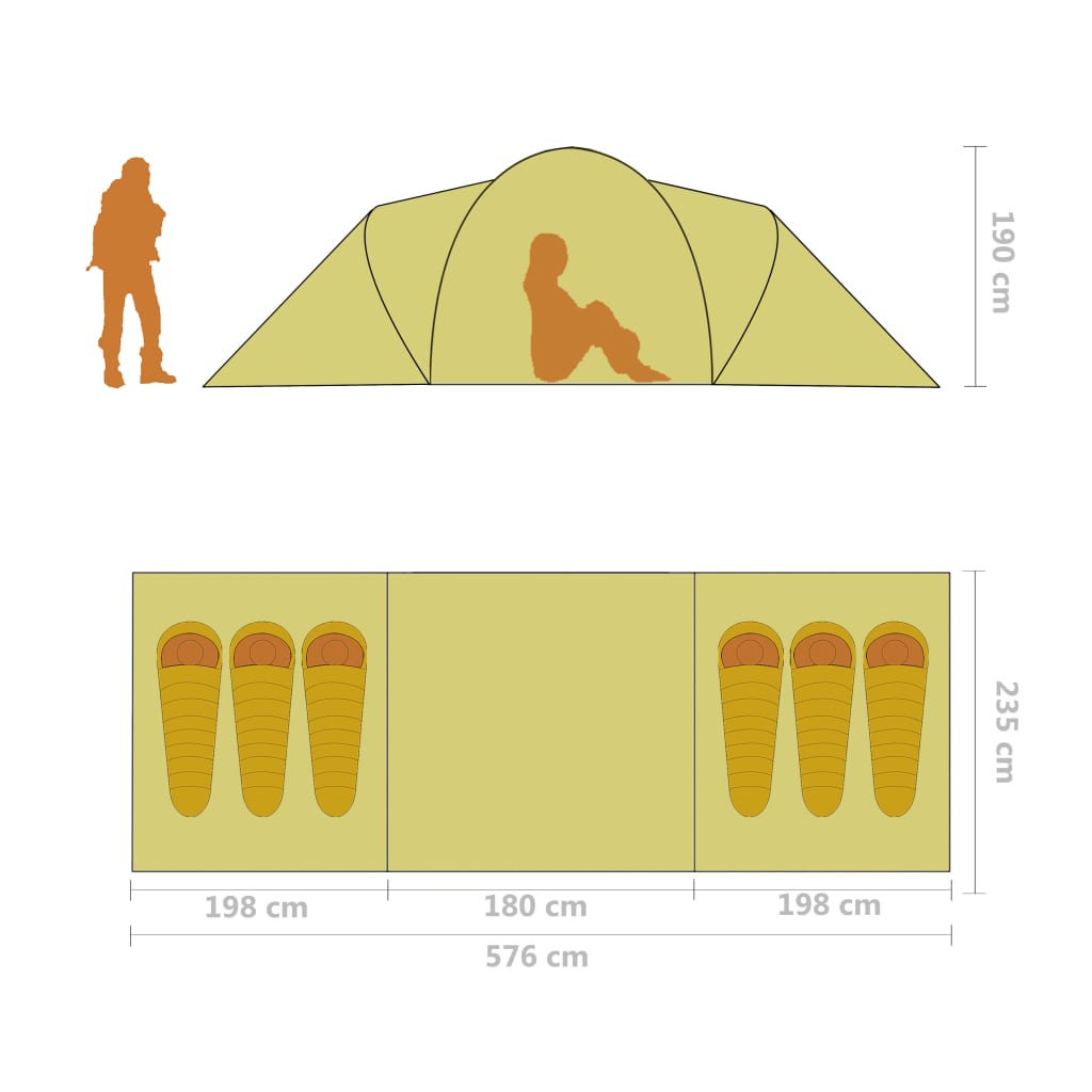 Zijaanzicht van de vidaXL tent met afmetingen en indeling voor 6 personen.