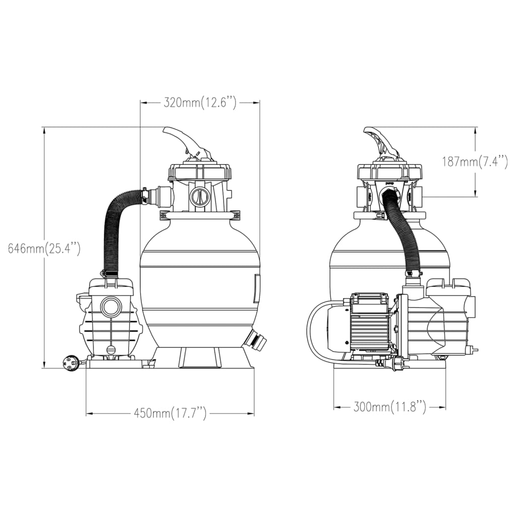Technische tekening van de vidaXL zwembadzandfilter met afmetingen en aansluitingen.