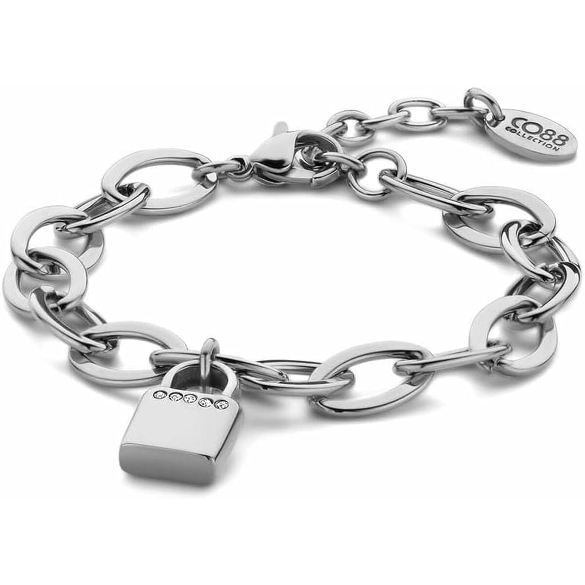 Zilverkleurige CO88 Collection armband met hangslot en schakels, detail van het ontwerp.