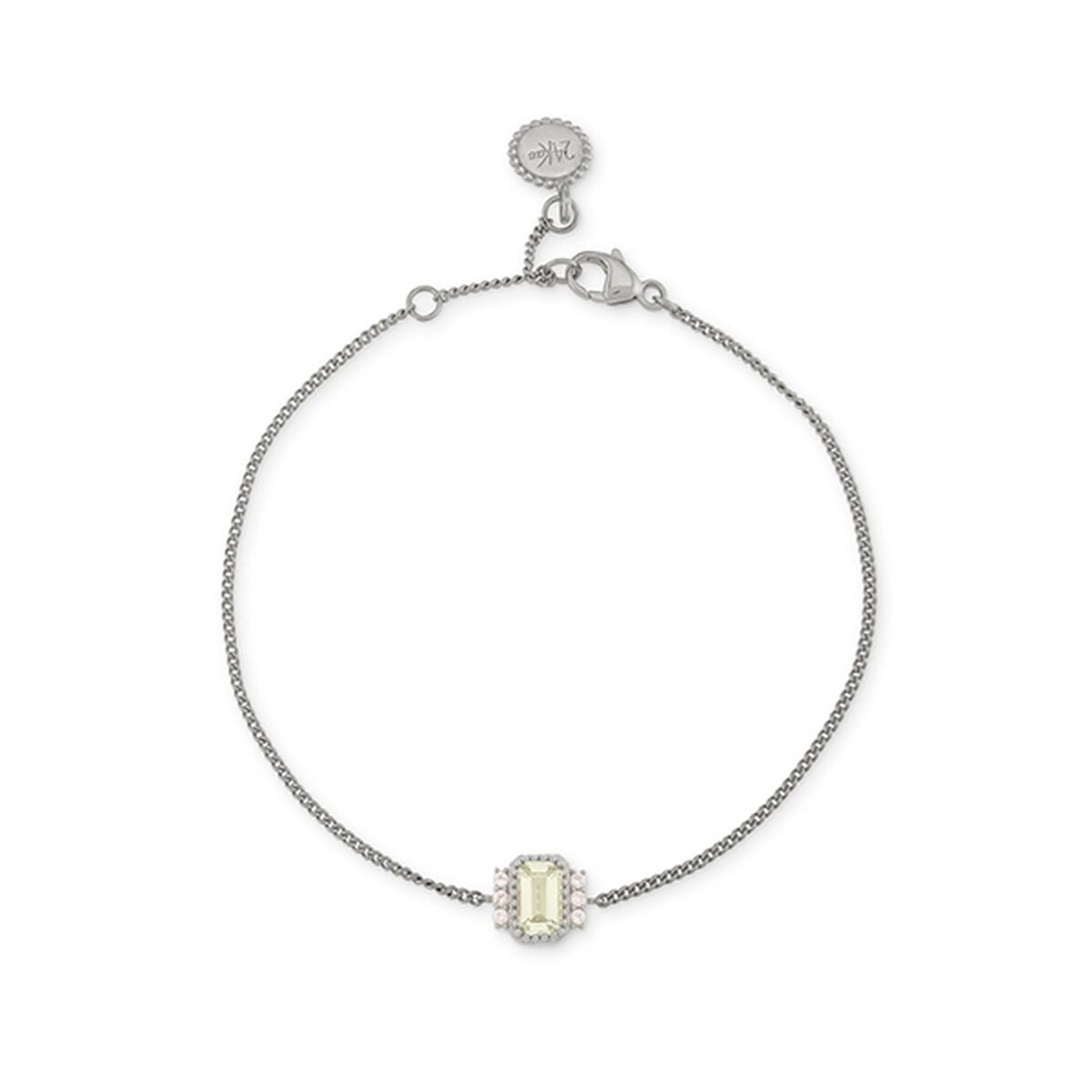 Zilverkleurige 24KAE armband met elegant ontwerp en sprankelende steen in het midden.