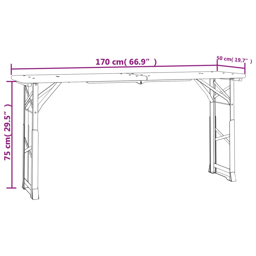 Technische tekening van de vidaXL inklapbare biertafel met afmetingen en details.