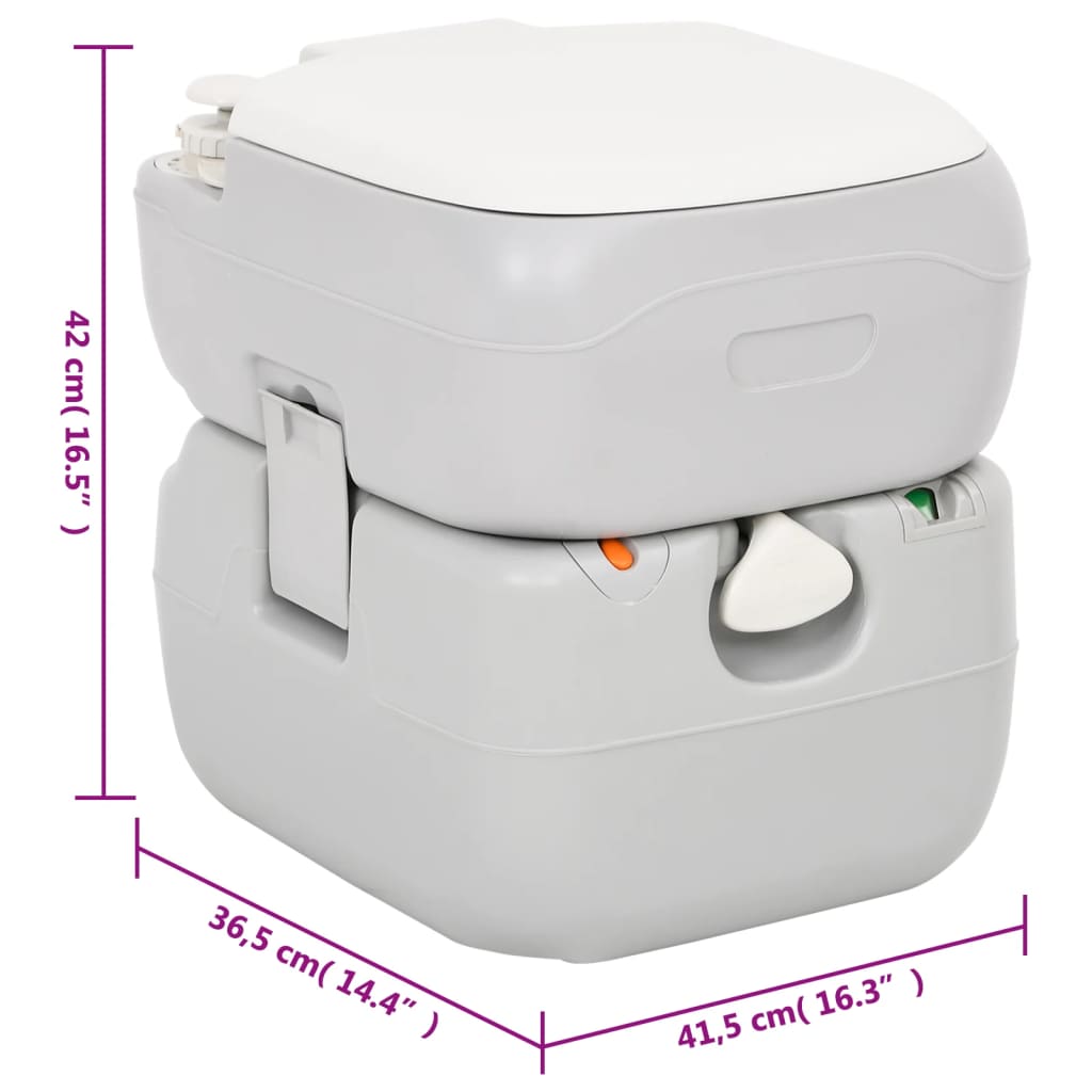 Zijaanzicht van het vidaXL campingtoilet in grijs met afmetingen en handgrepen.