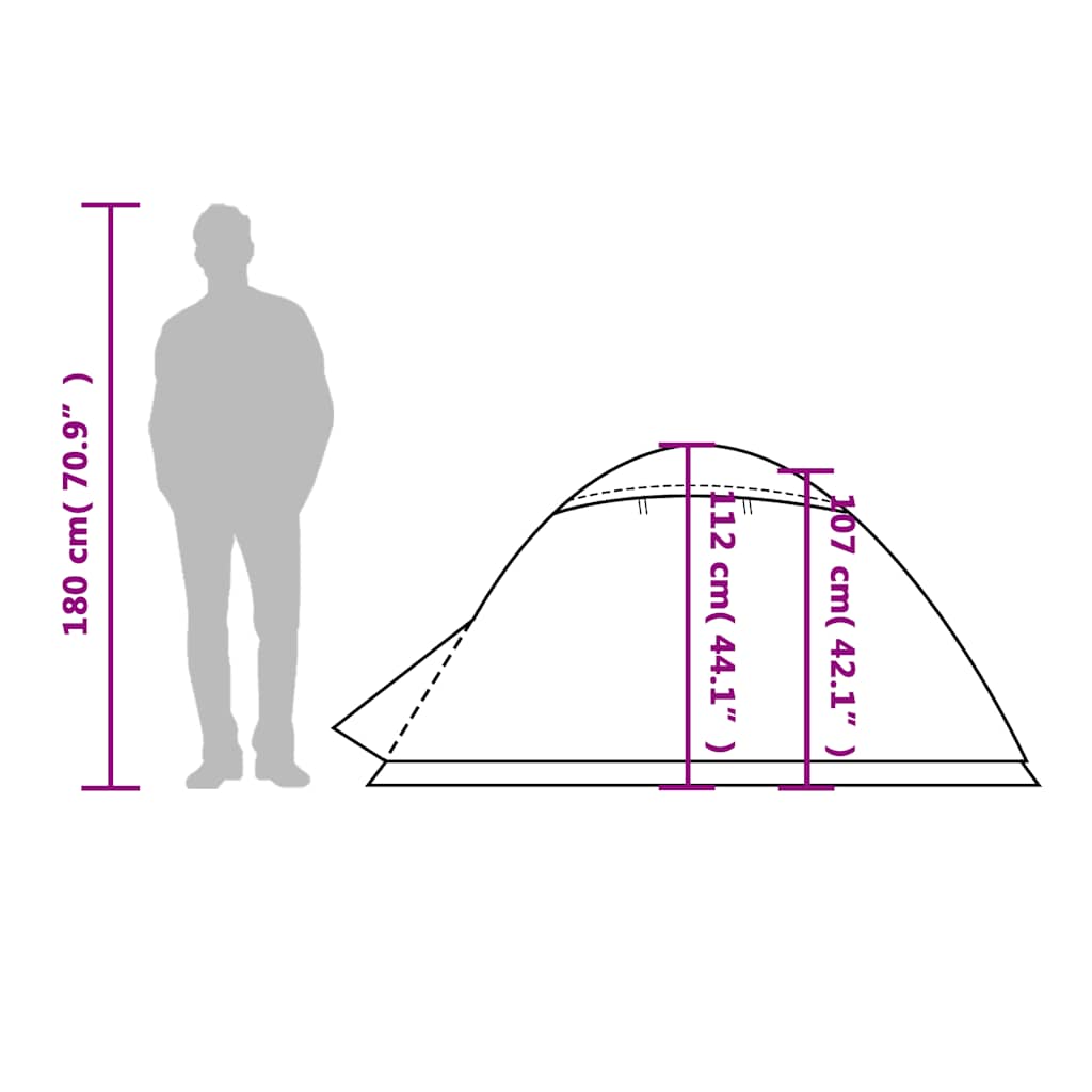 Zijaanzicht van de vidaXL koepeltent met afmetingen en hoogteindicatie voor 2 personen.