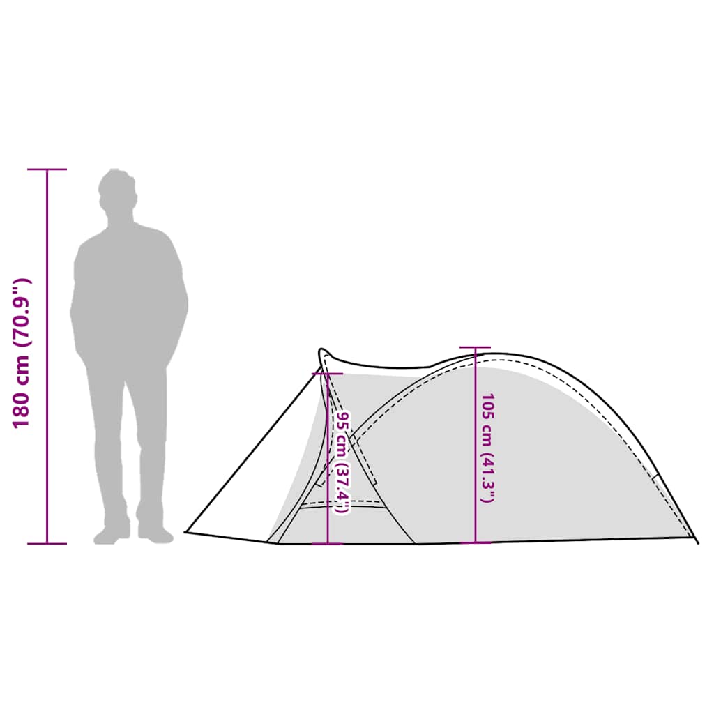 Zijaanzicht van de vidaXL koepeltent met afmetingen en een silhouet van een persoon.