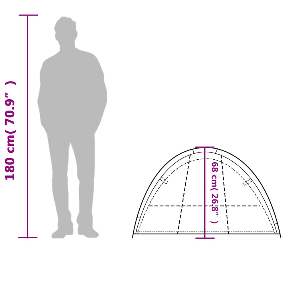 Detail van de vidaXL opbergtent met afmetingen en silhouet van een persoon voor schaal.