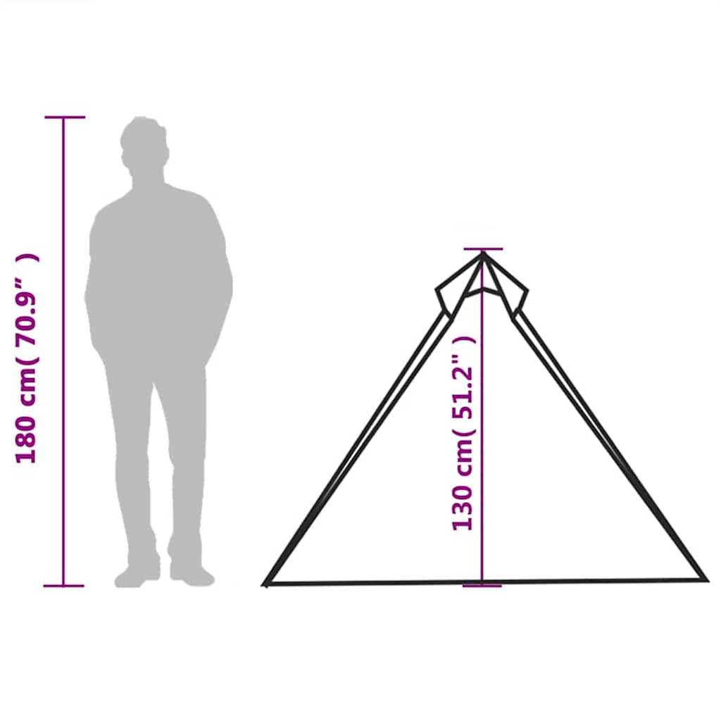Detail van de hangende tipi tent vidaXL met afmetingen en silhouet van een persoon.
