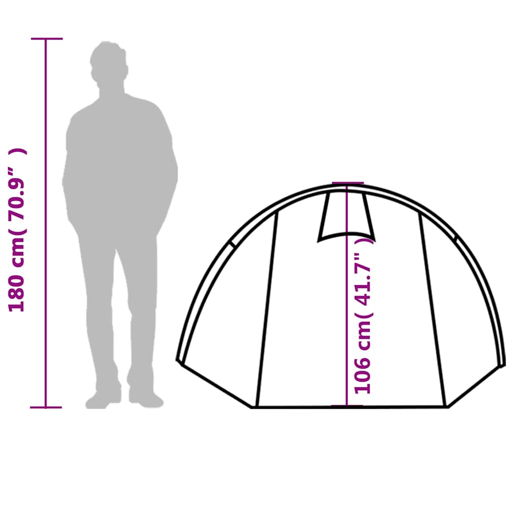 Zijaanzicht van de vidaXL 4-persoons tunneltent met afmetingen en silhouet van een persoon.