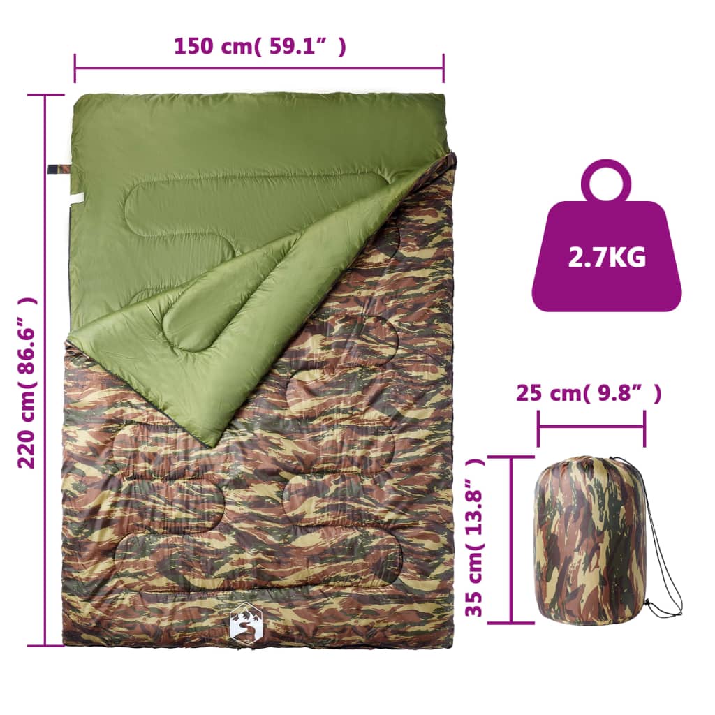 Detail van de vidaXL slaapzak in camouflage met afmetingen en gewicht.