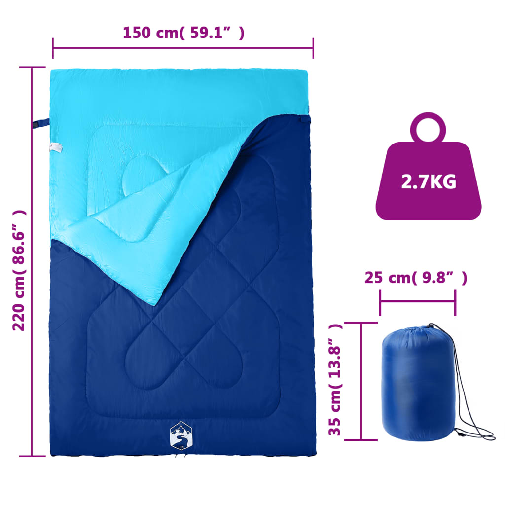 Detail van de vidaXL slaapzak in blauw en turquoise, met afmetingen en opbergtas.
