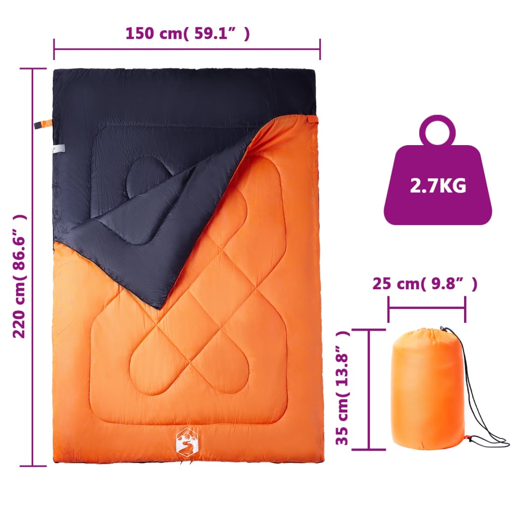 Detail van de vidaXL slaapzak in oranje en zwart, met afmetingen en opbergtas.