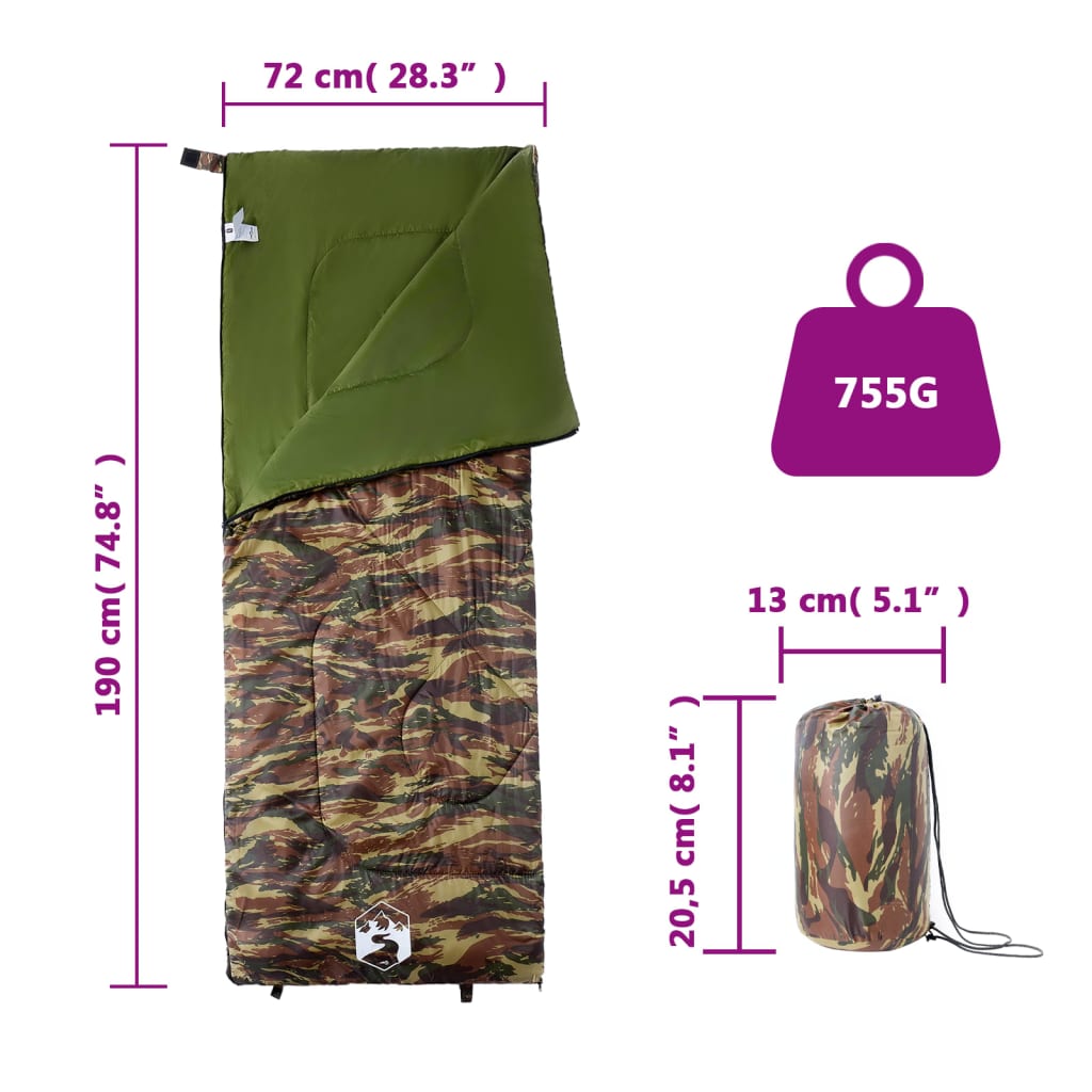 Detail van de vidaXL slaapzak in camouflageprint met afmetingen en gewicht.