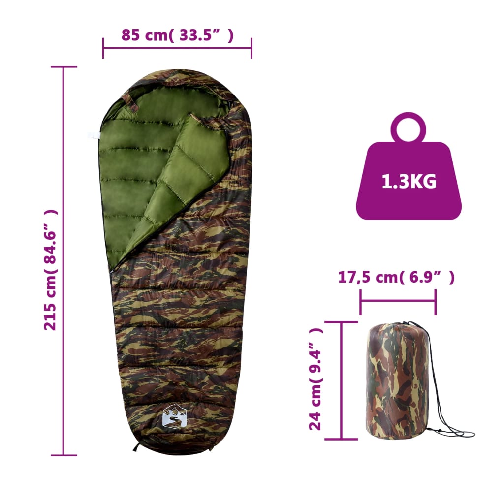 Detail van de vidaXL mummie slaapzak in camouflage, met afmetingen en gewicht.