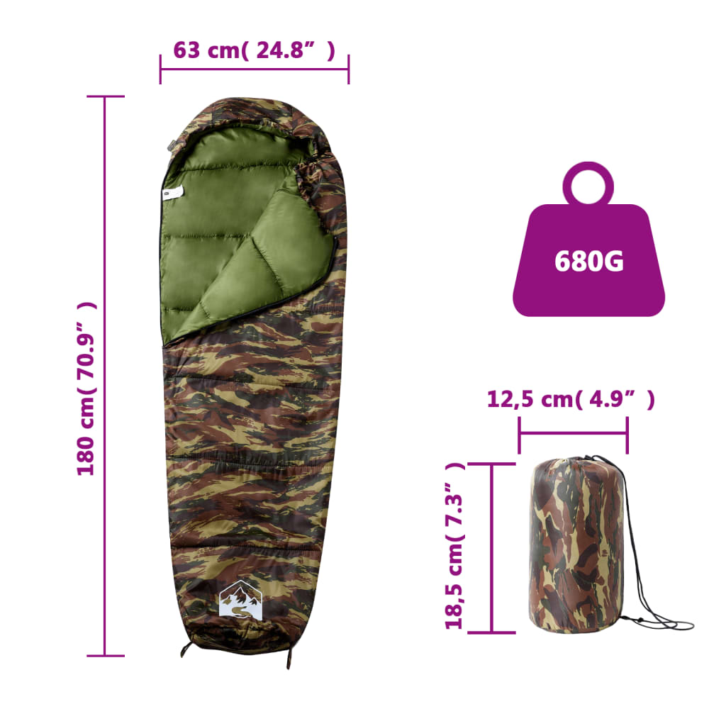 Detail van de mummie slaapzak van vidaXL in camouflageprint met afmetingen en gewicht.