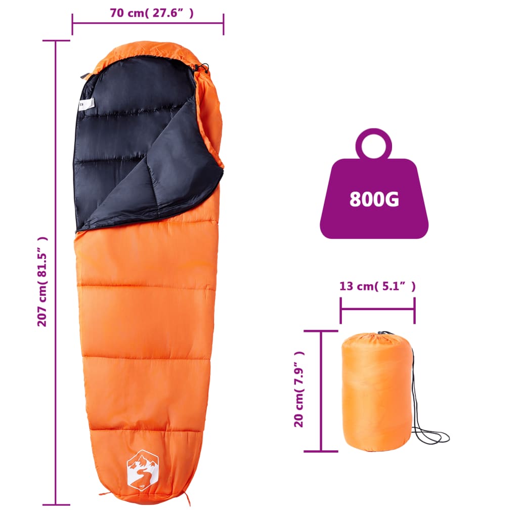 Detail van de vidaXL mummie slaapzak in oranje met afmetingen en gewicht.