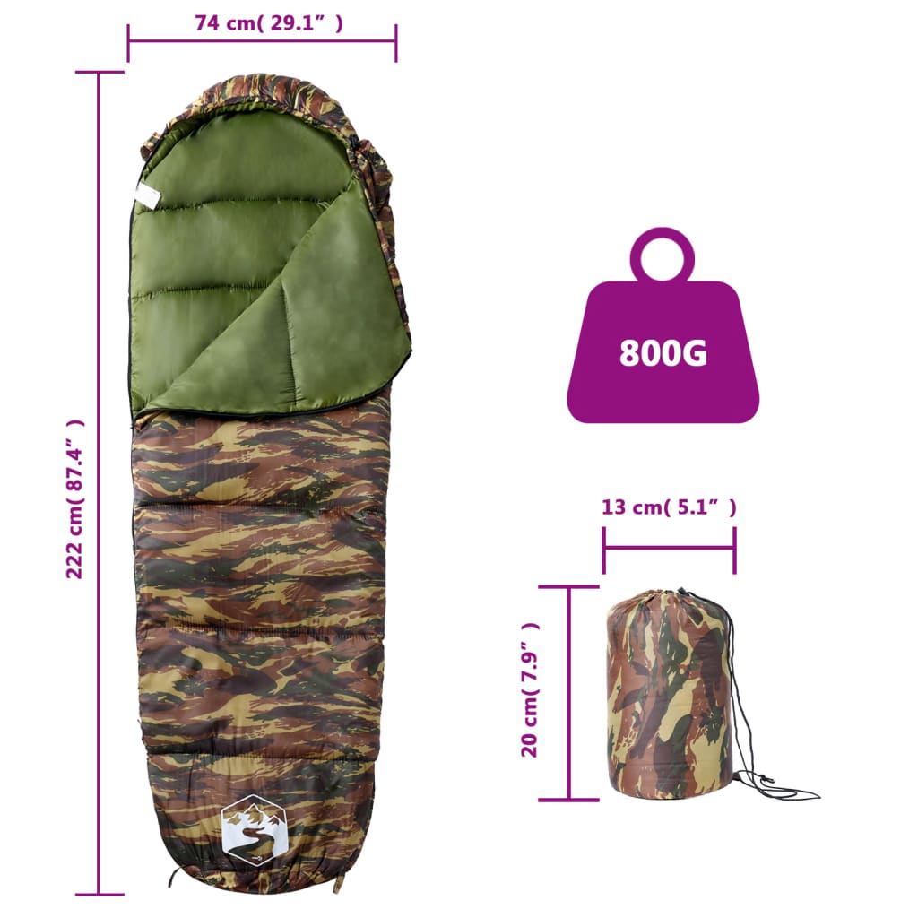 Detail van de mummie slaapzak van vidaXL met camouflagepatroon en afmetingen.