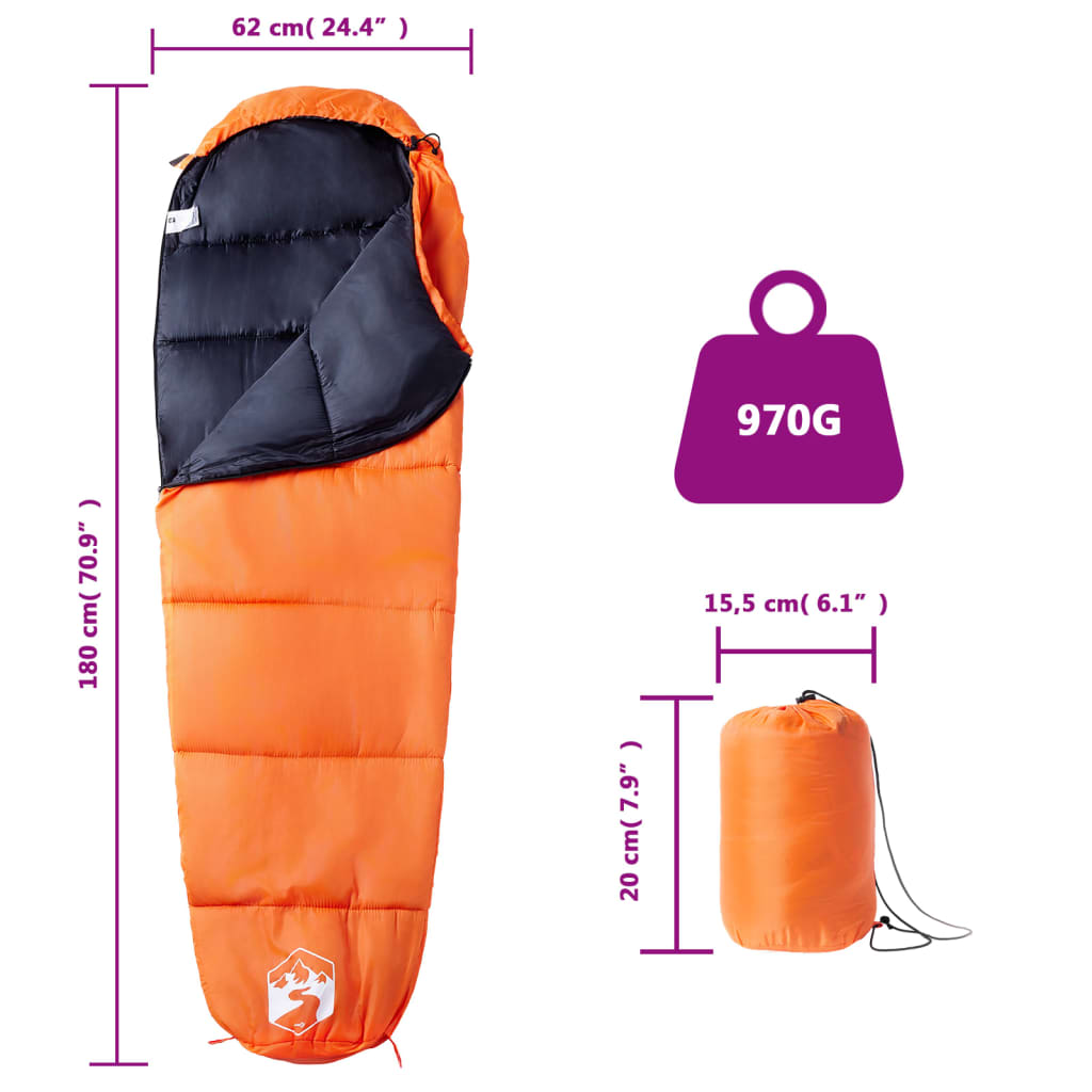 Detail van de vidaXL mummie slaapzak in oranje met afmetingen en gewicht.