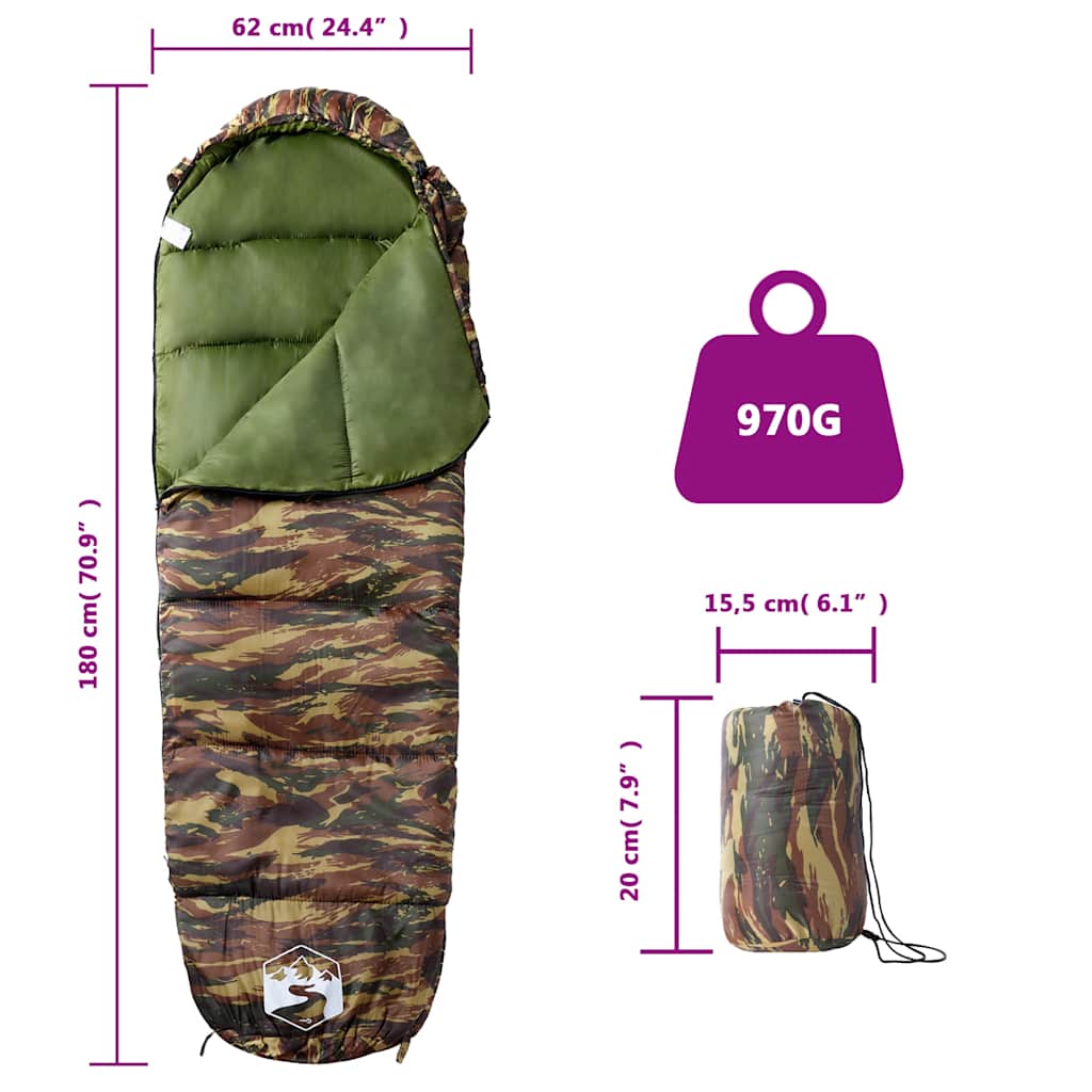 Detail van de mummie slaapzak van vidaXL in camouflageprint, met afmetingen en gewicht.
