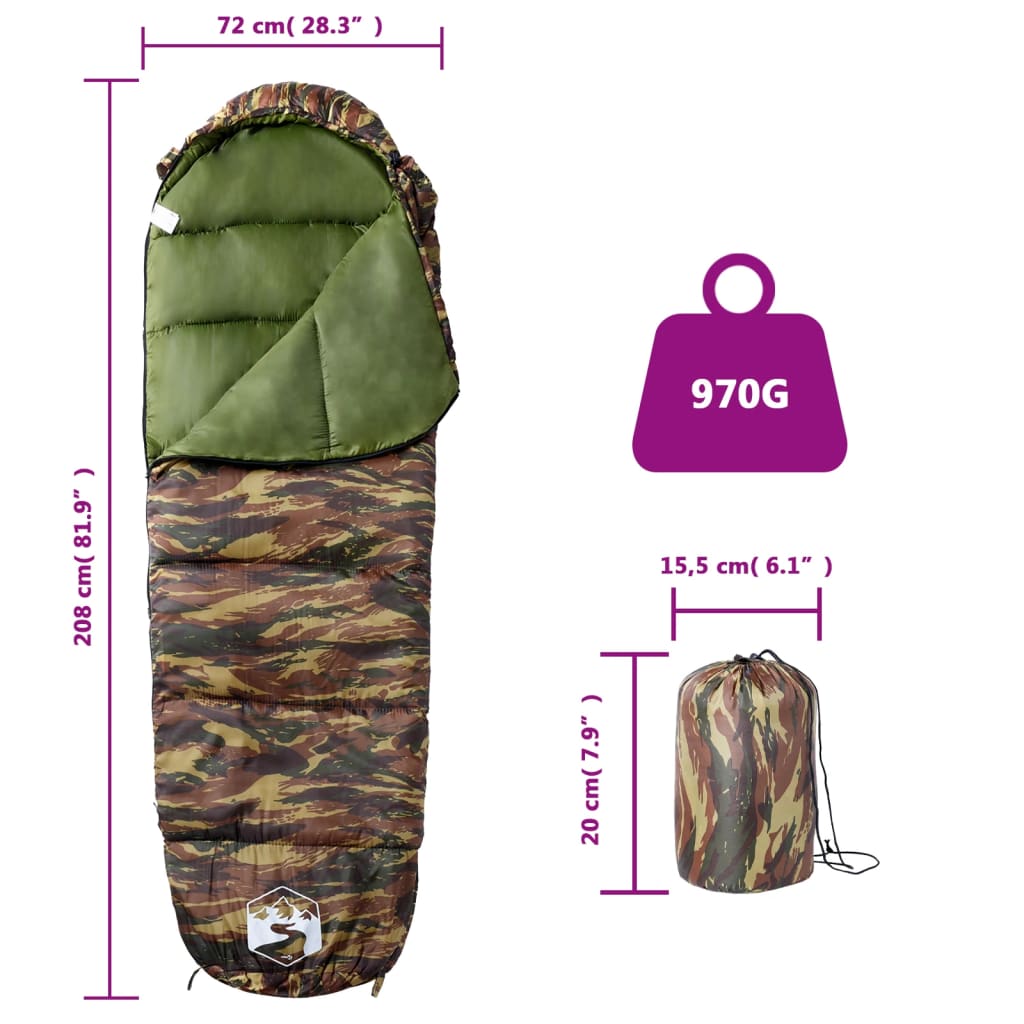 Detail van de mummie slaapzak van vidaXL in camouflagekleur met trekkoordcapuchon.
