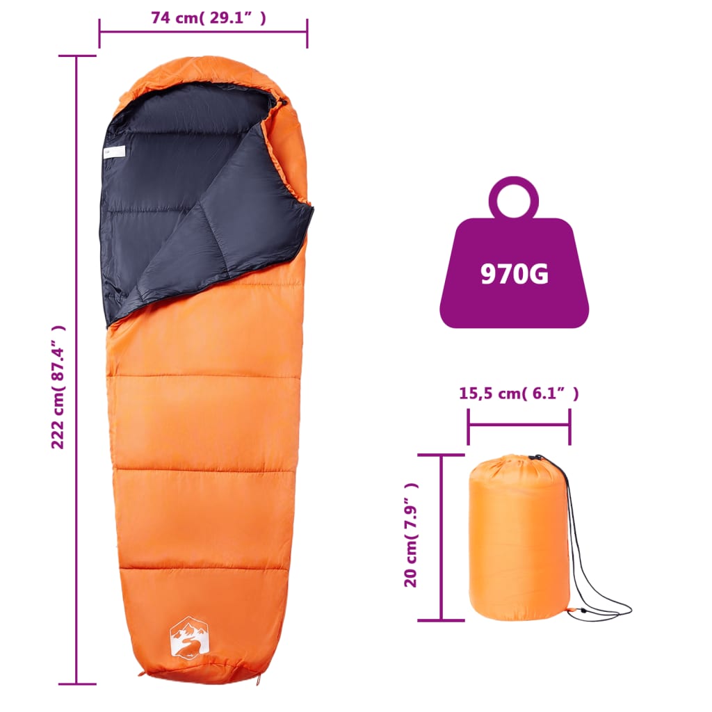 Detail van de vidaXL mummie slaapzak in oranje, met afmetingen en gewicht weergegeven.