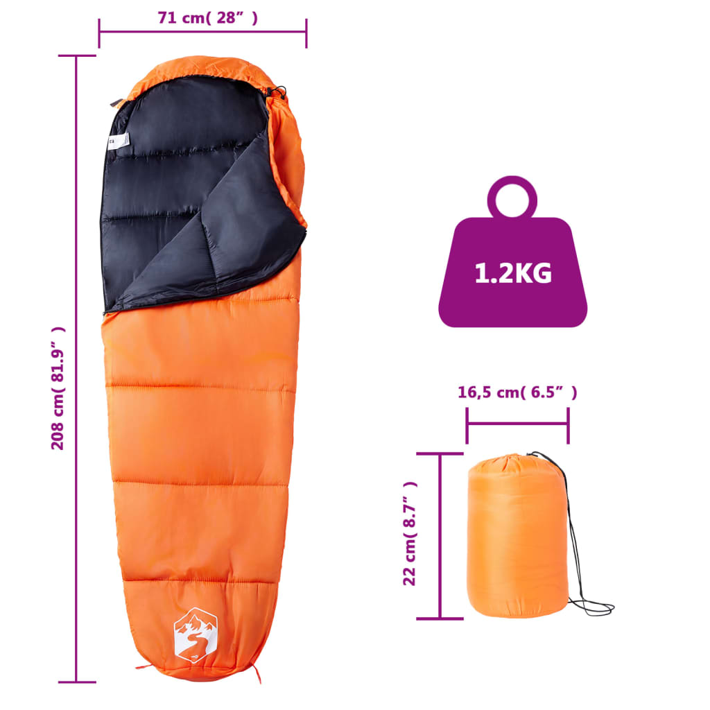 Detail van de vidaXL mummie slaapzak in oranje met zwart, zijaanzicht en afmetingen.